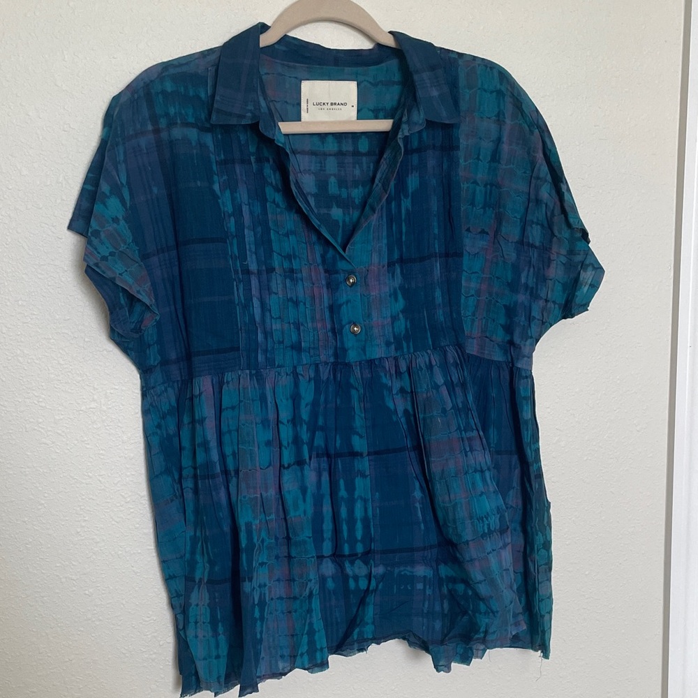Lucky Brand Teal & Navy Plaid Short Sleeve Blouse